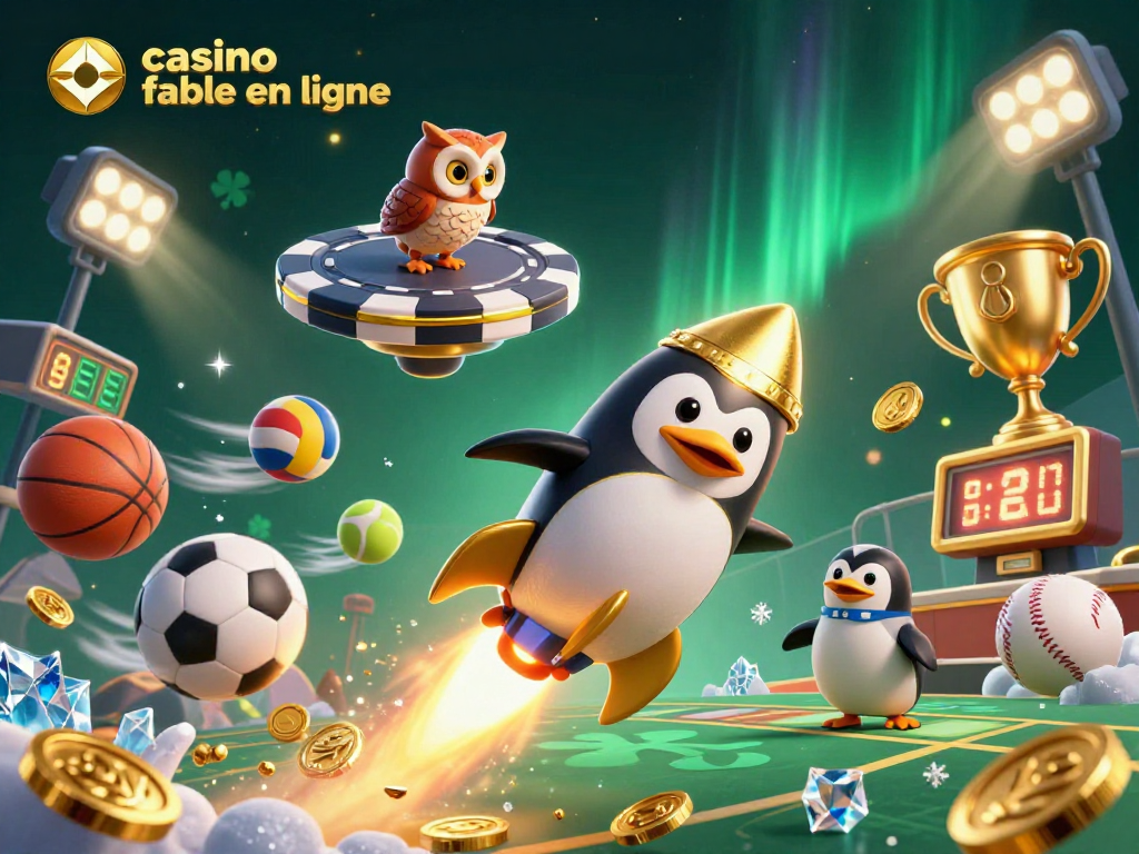 Jouez sur un casino fiable en ligne avec cette illustration dynamique d'un pingouin doré en fusée.