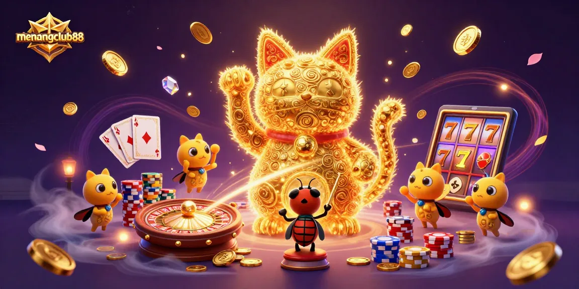 Experience the excitement of menangclub88 with dynamic casino symbols and a lucky cat.