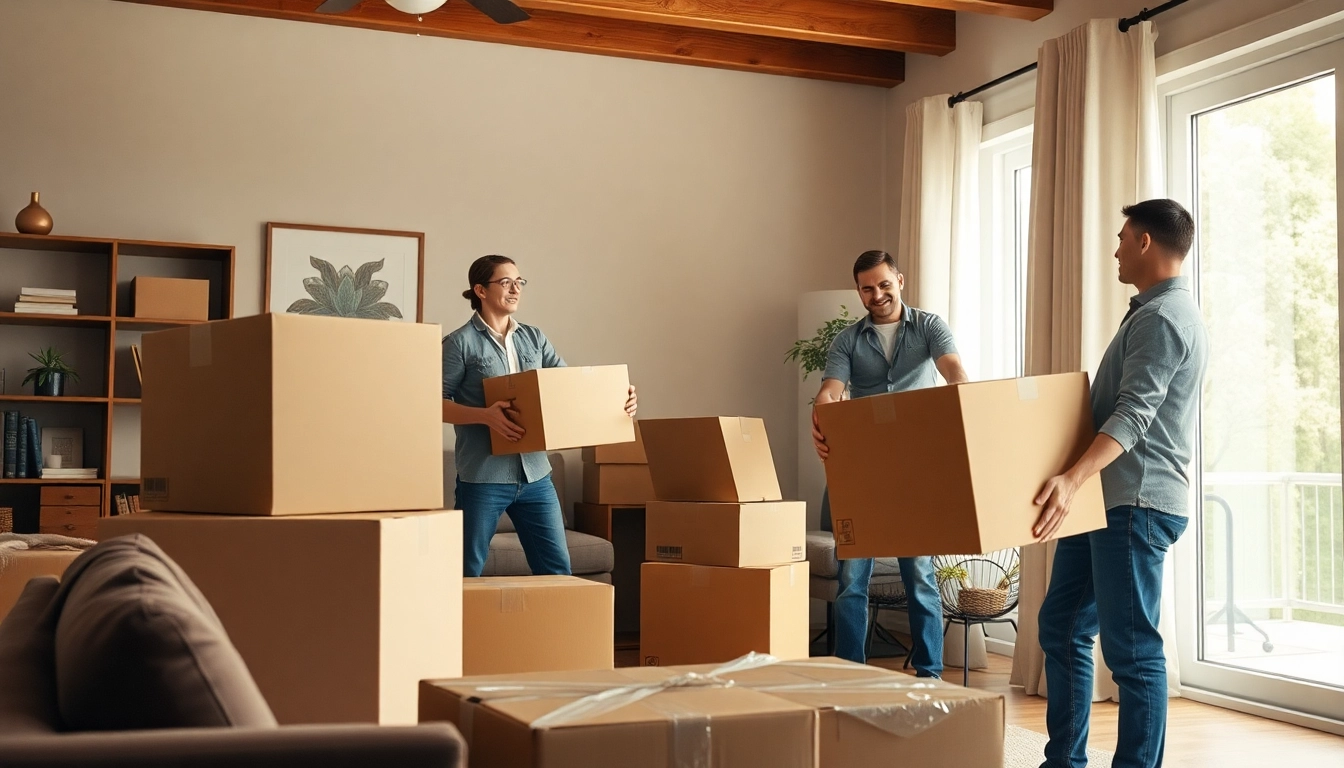Residential Moving Services with professional movers packing items securely in a bright living room.