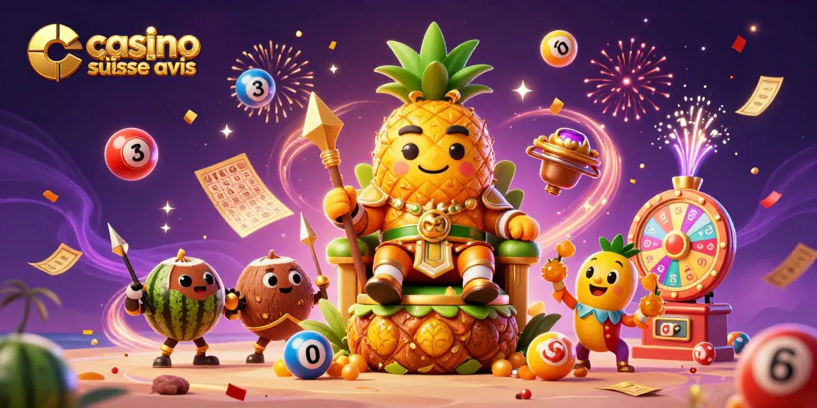 Les personnages du casino en ligne suisse avis livrent une bataille festive avec des boules de loterie colorées et des effets de confettis.