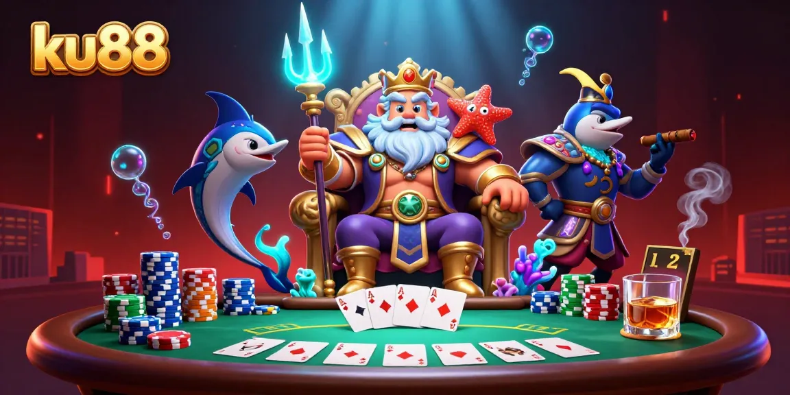 ku88 poker scene with Neptune and samurai amidst vibrant casino elements