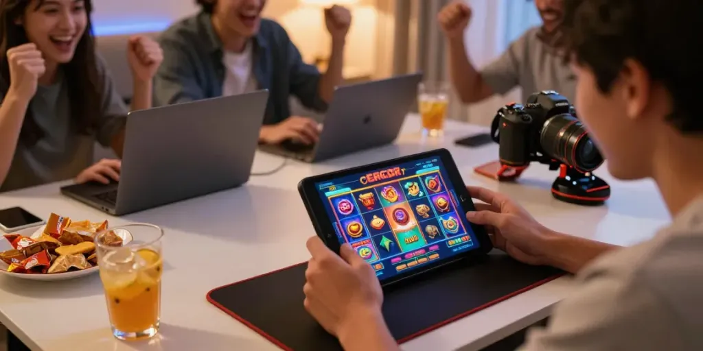 Exciting scene of online gaming with slot gacor thailand on mobile, friends cheering.