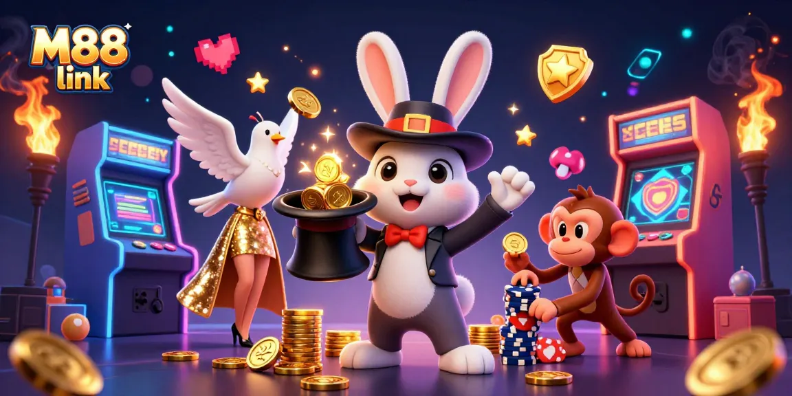 Engage with the M88 link experience through a vibrant casino-themed digital illustration featuring magical characters and gaming elements.