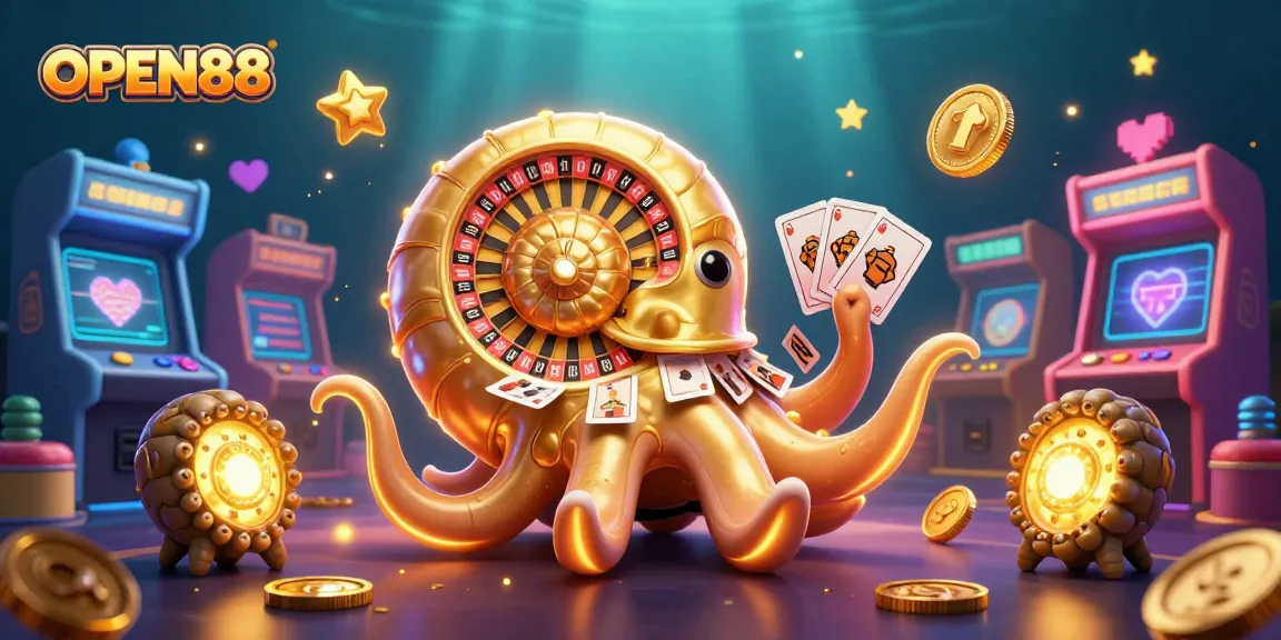 Experience immersive gameplay at OPEN88 with vibrant casino-themed 3D illustration featuring a golden nautilus roulette wheel.