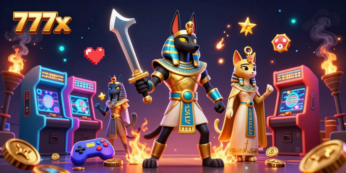 Engage with the colorful 777x casino illustration showcasing Anubis and Bastet amidst vibrant game elements.