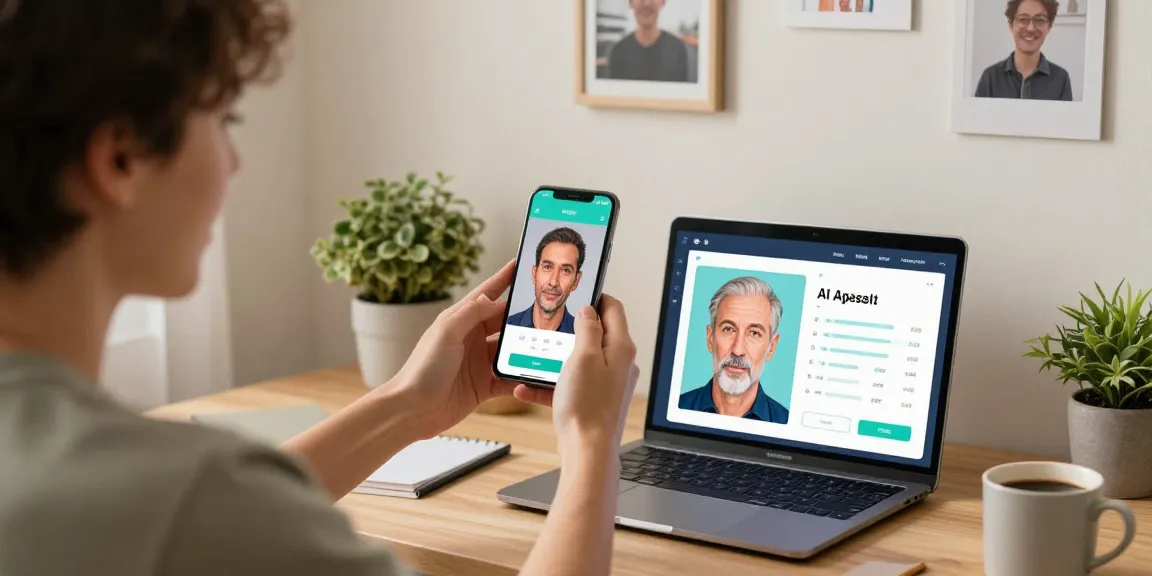 Young adult using a smartphone to find out how old do I look with AI age estimator in a modern workspace.