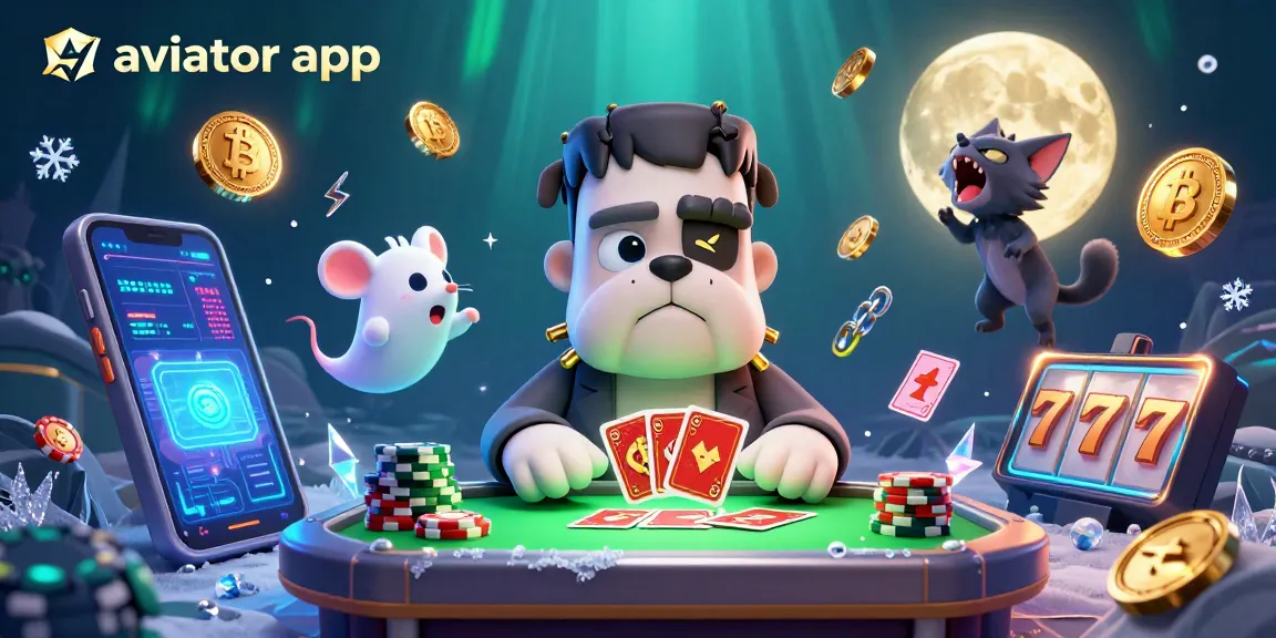 Play the Aviator app with a vibrant casino scene showcasing a bulldog dealer and crypto coins.