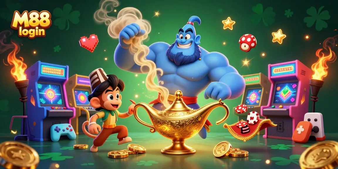 Engage in thrilling M88 login adventures showcasing a genie, monkey, and poker chips.