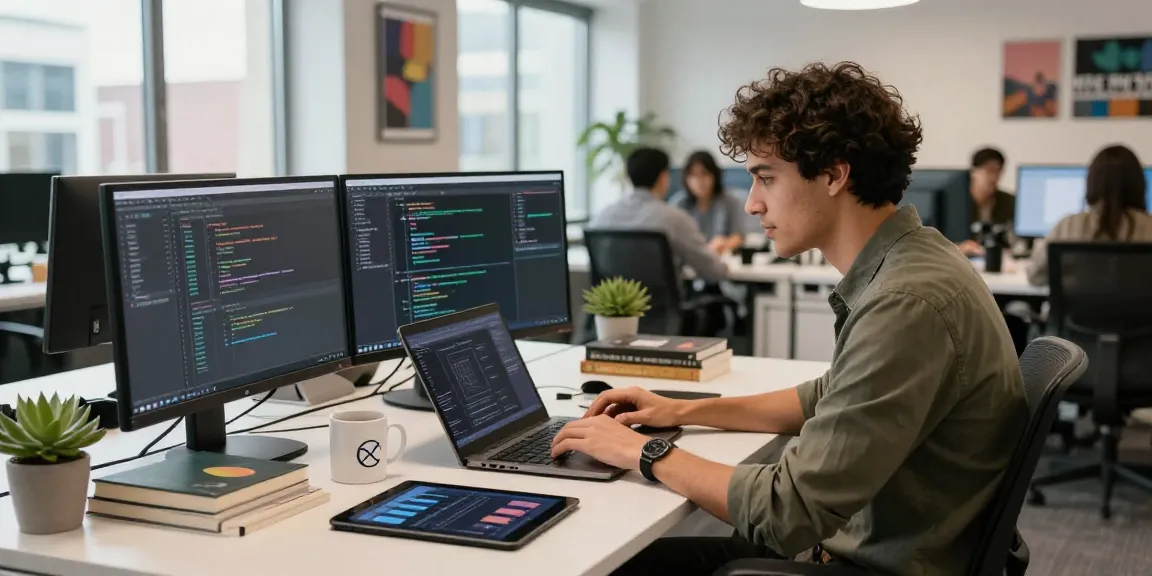 Custom Software Development Services in an inspiring tech workspace with collaborative coding and design.