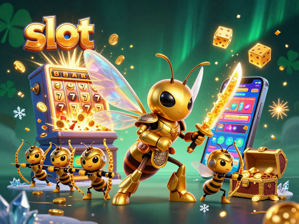 Spin the slot machine for jackpot rewards with a giant hornet and bee archers in action!