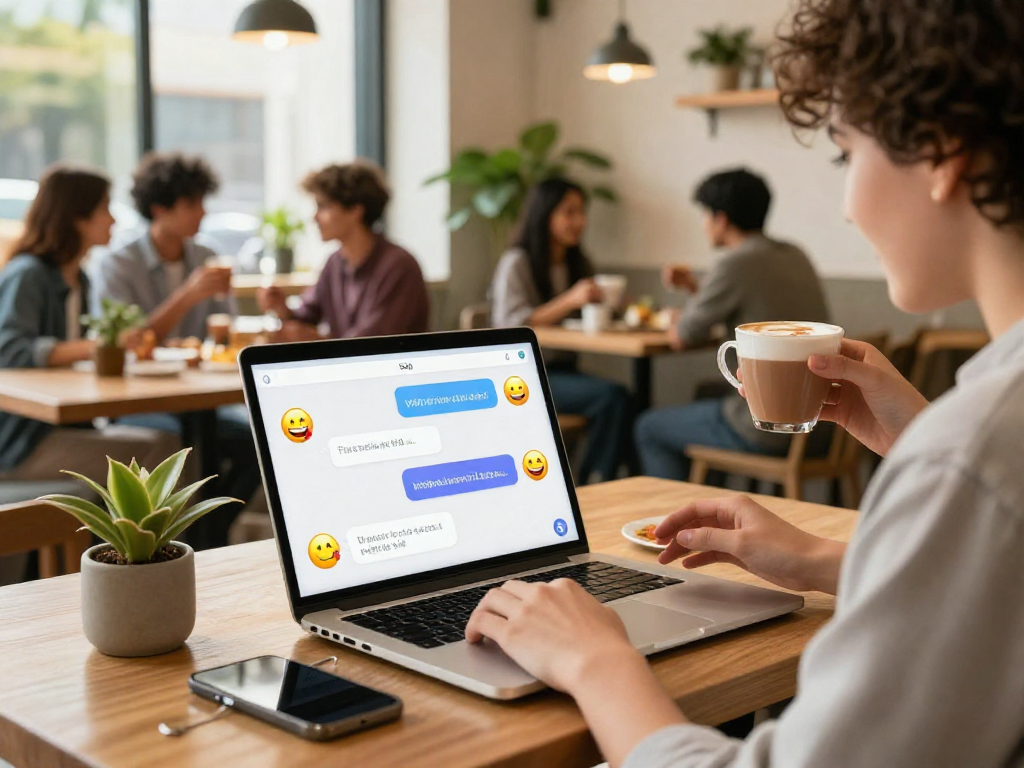 Engaging spicy chat ai interaction scene in a modern cafe with vibrant emojis.