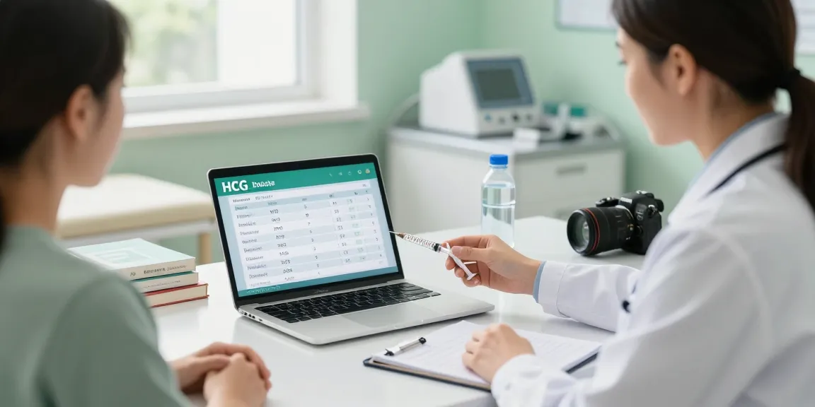 HCG dosage calculator consultation session in a modern clinic with healthcare professional and patient.