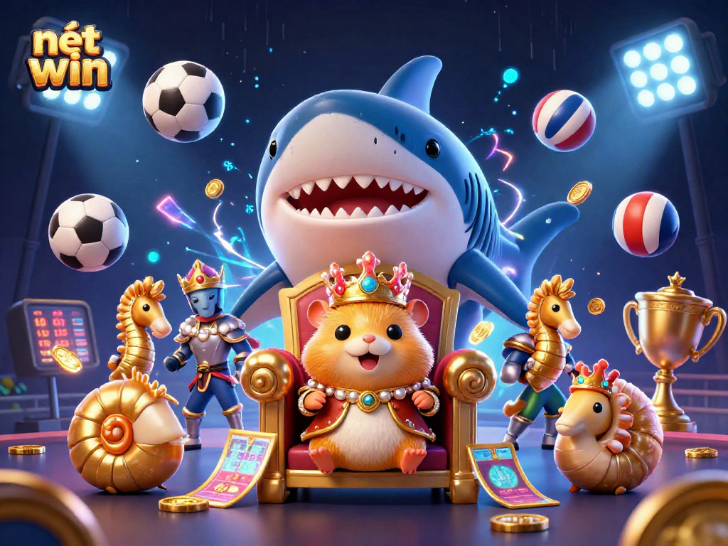 Experience the excitement with nét win featuring a golden hamster king, seahorse guards, and dynamic sports elements.