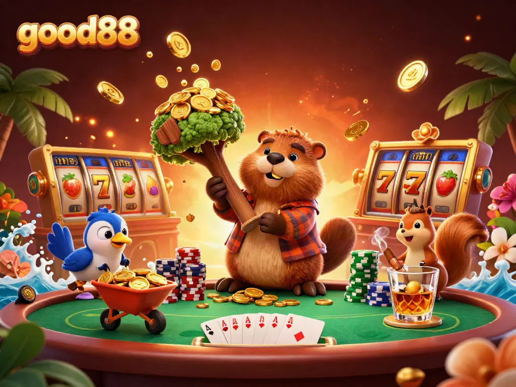 Experience exciting wins at good88 with a vibrant scene of gold coins raining down during a lively casino game.