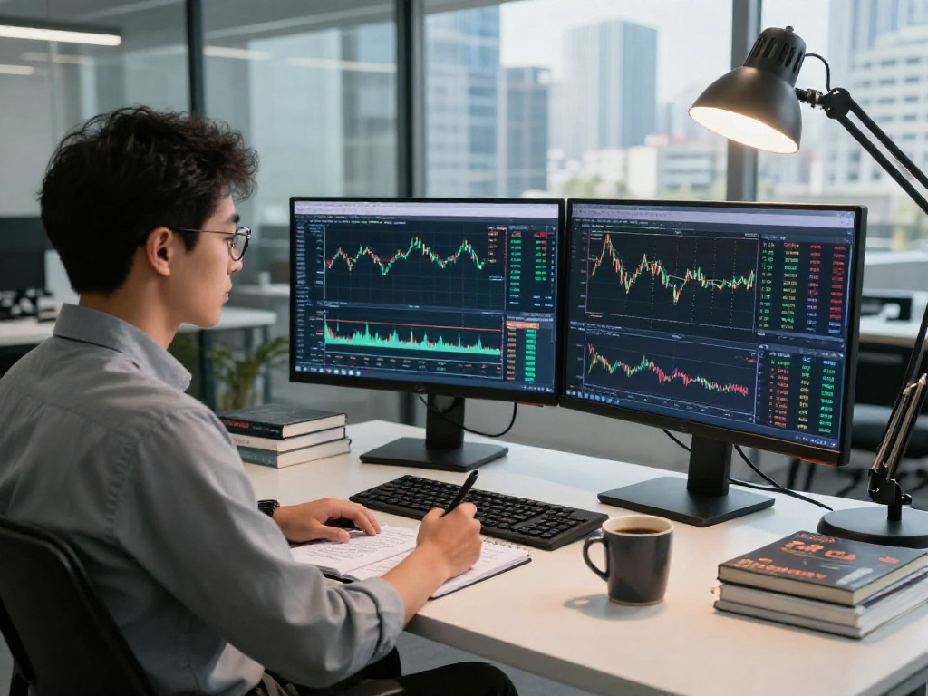 使用 MetaTrader 5 进行金融交易的交易者在现代办公环境中分析市场数据