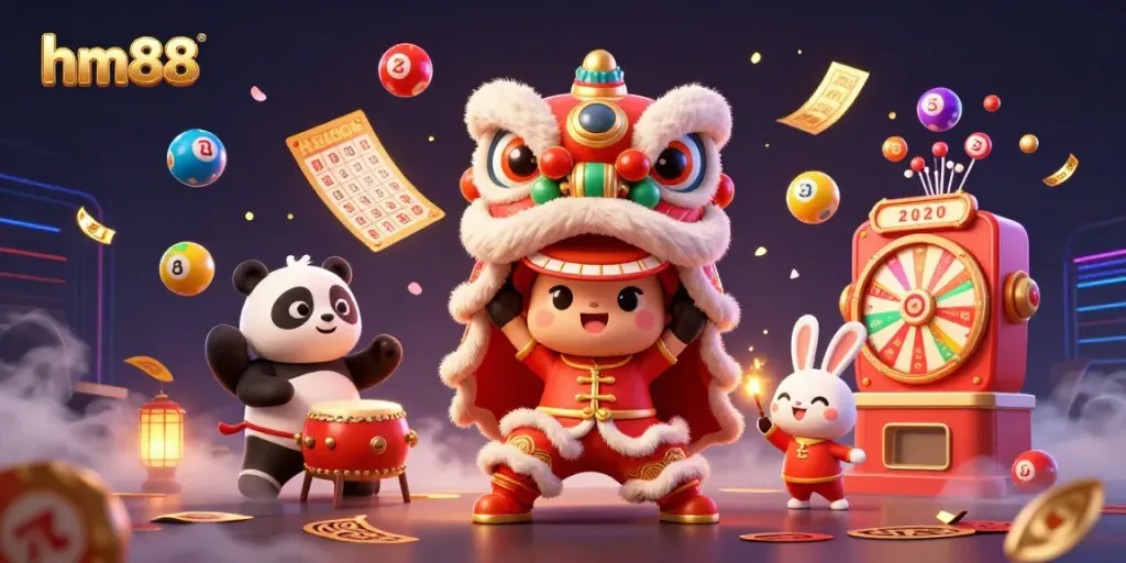 Experience the excitement of hm88 with a vibrant lion dance featuring a drumming panda and lively lottery elements.