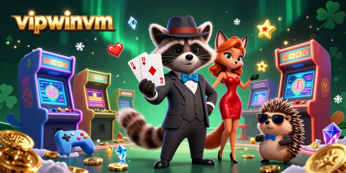Experience high-stakes gaming with vipwinvm as the raccoon reveals a royal flush in a vibrant casino scene.