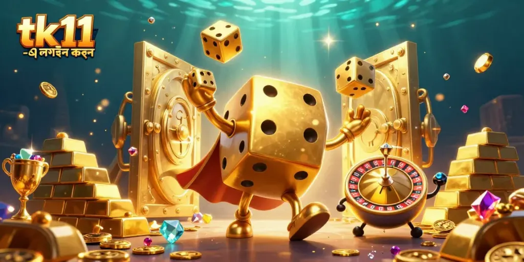 Engage with exciting gameplay visuals, showcasing a dynamic scene featuring "tk11 -এ লগইন করুন" with golden dice and treasures.