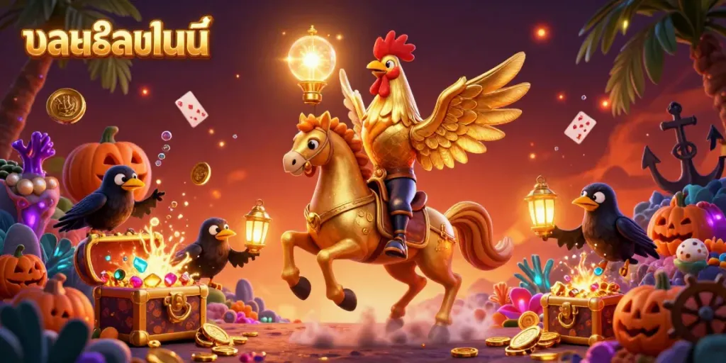 Experience thrilling บอลออนไลน์ action with golden rooster characters riding in a vibrant midnight casino.
