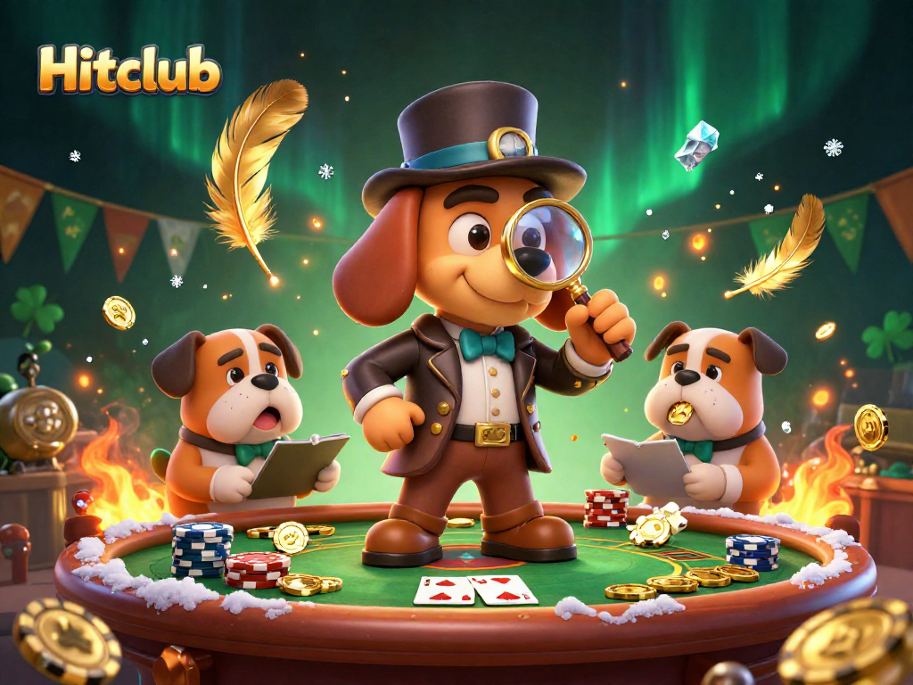 Hitclub illustration features a detective bloodhound analyzing poker clues surrounded by vibrant casino elements.