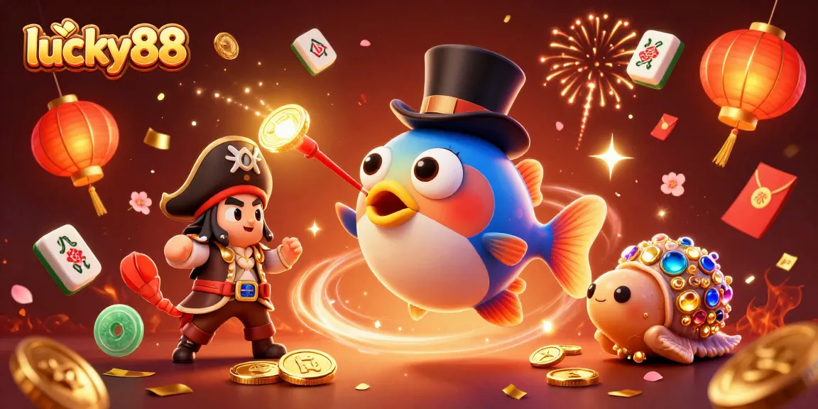 Engage with lucky88 in this vibrant 3D rendering featuring festive casino symbols.