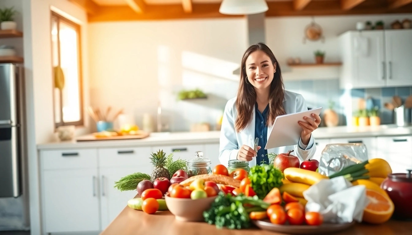Nutritionist showcasing a Weight Loss Diet with vibrant fruits and meals, promoting healthy eating.