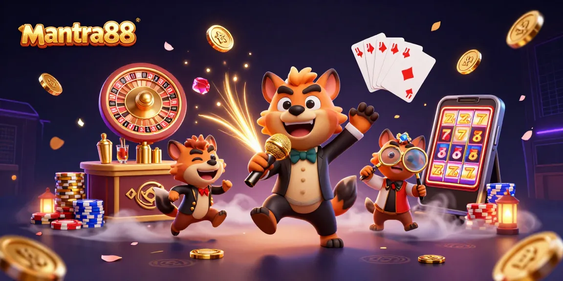 Experience the fun at mantra88 with a lively comedy casino scene featuring hyenas and vibrant gaming elements.