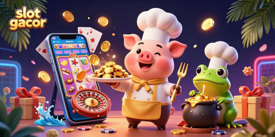 Experience slot gacor fun with chef pig, sous-chef mouse, and critic frog surrounded by casino elements.