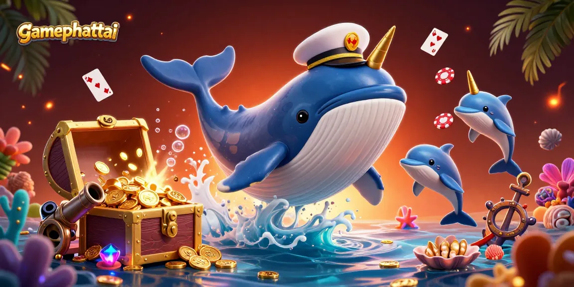 Gamephattai presents a vivid 3D scene with a cartoon whale and dolphins bringing excitement to the casino.