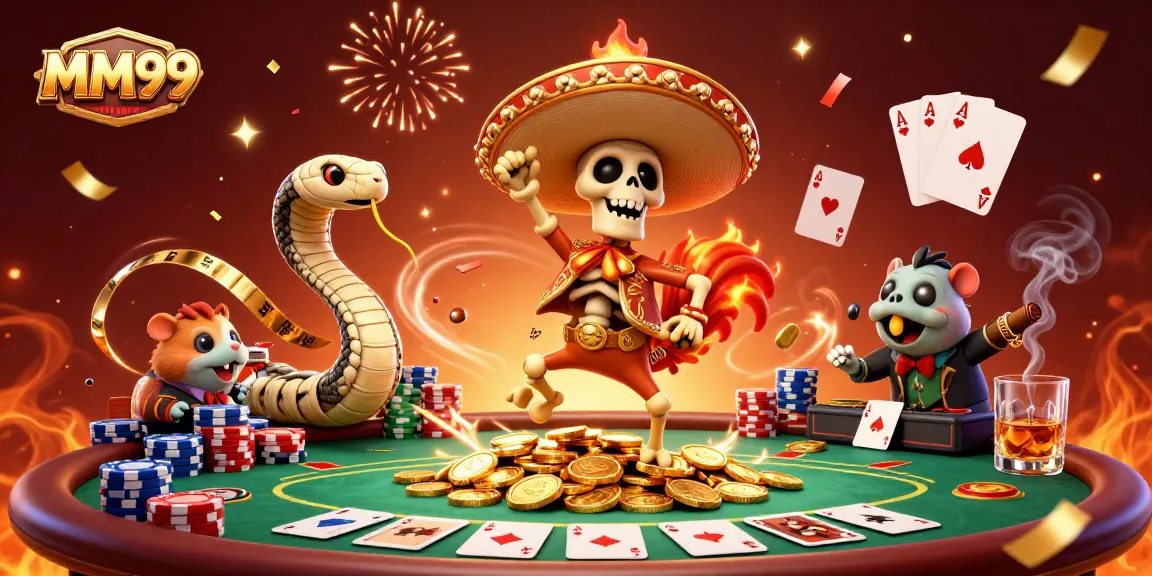Experience the excitement of MM99 with a colorful 3D casino scene featuring poker elements and lively characters.
