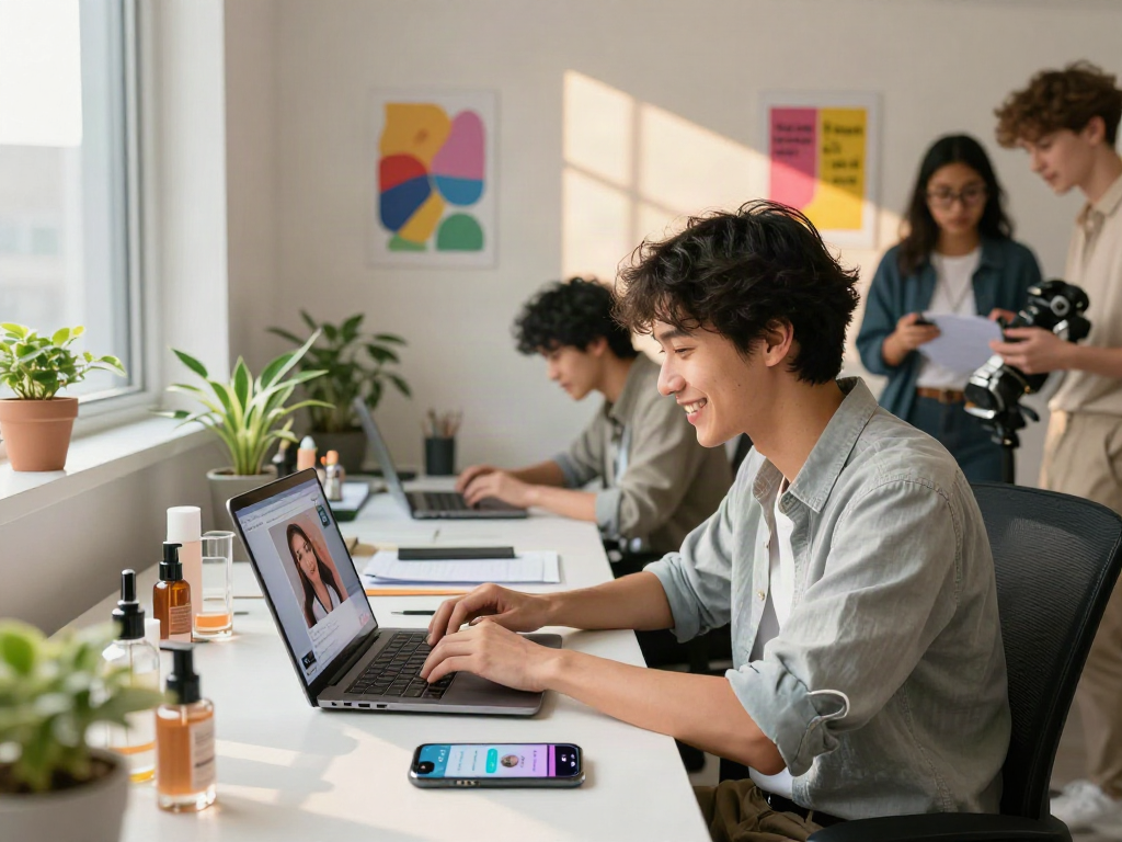 Engaging workspace scene for attractiveness test, showcasing personal beauty and technology integration.
