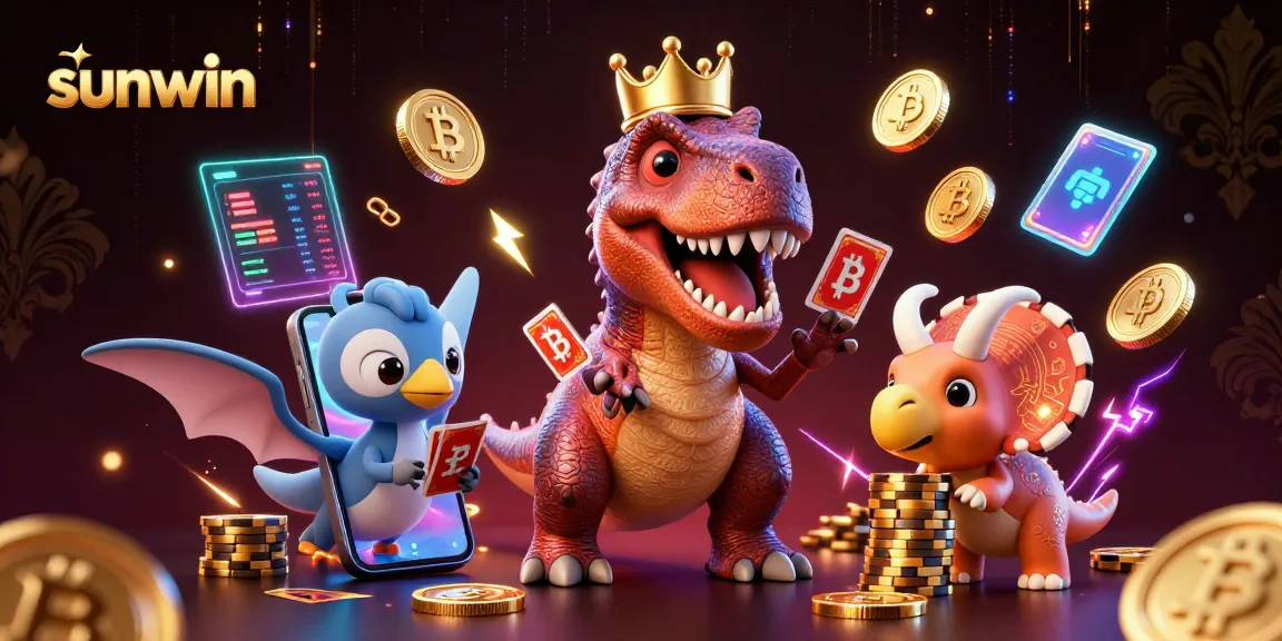Engage with sunwin through a vibrant casino scene featuring a T-Rex card shuffling and crypto coins.