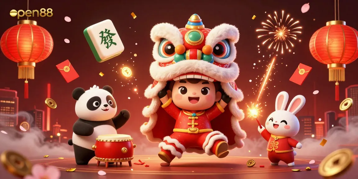Engage in thrilling gaming at open88 with vibrant 3D characters and festive elements in a dynamic casino setting.