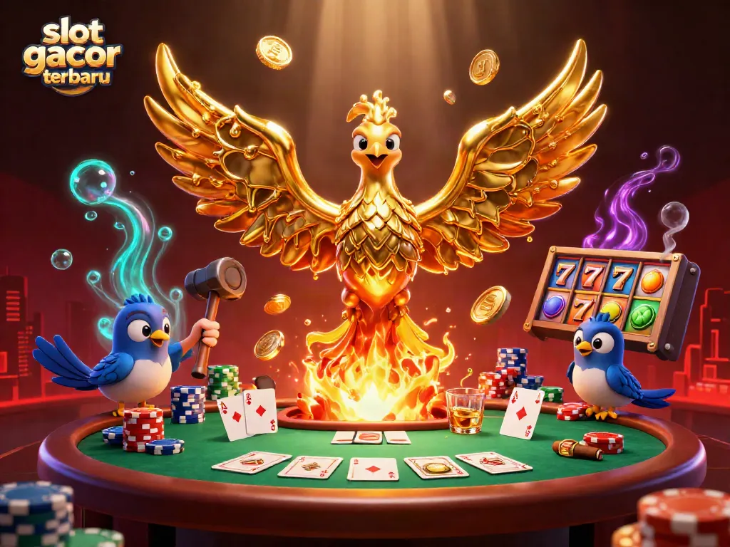 Experience slot gacor terbaru with vibrant molten phoenix and dynamic poker action in this captivating 3D illustration.