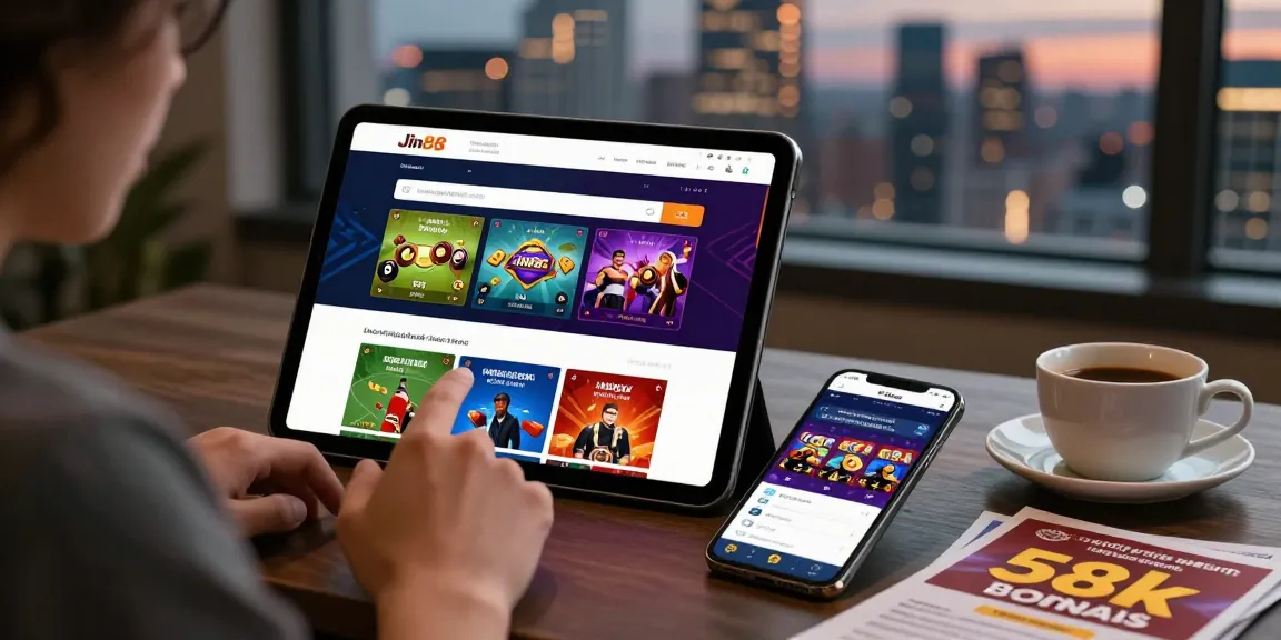 Người dùng đang trải nghiệm ứng dụng cá cược Jin88 trên tablet, cùng với ưu đãi 58k hấp dẫn.