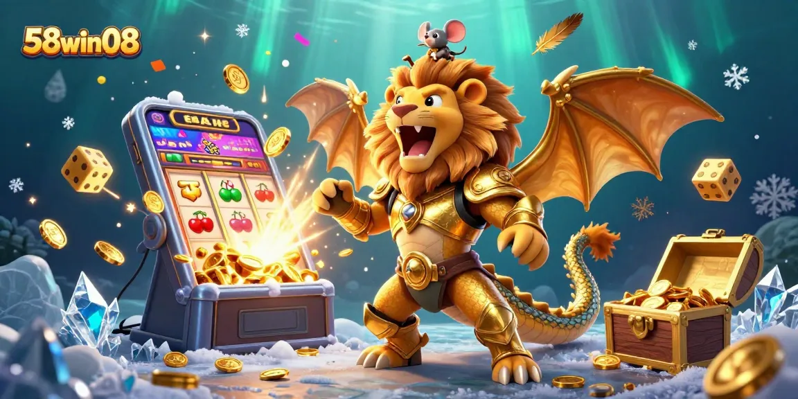 Experience the thrill of 58win08 with a golden chimera and casino elements exploding in this vibrant illustration.