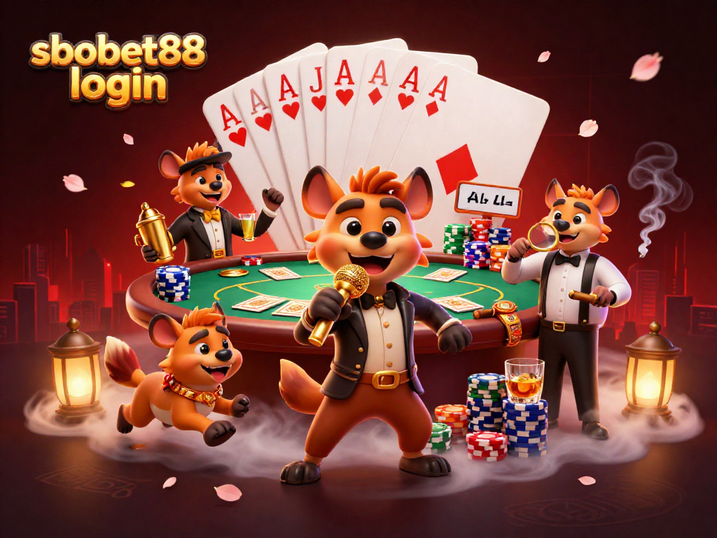 Experience sbobet88 login at a vibrant comedy casino club featuring hyenas and dynamic action.