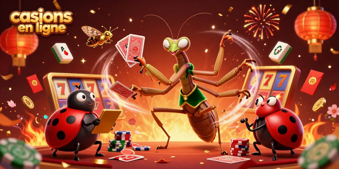 Jouer aux casinos en ligne avec une illustration animée captivante de personnages de jeu et de symboles chanceux.