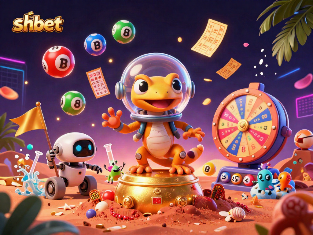 shbet showcases a vibrant 3D scene with a Martian gecko and robot sidekick exploring a golden casino.