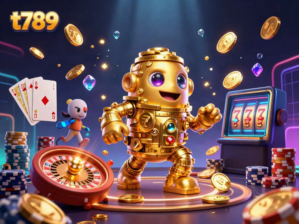 Play thrilling casino games with t789 featuring a vibrant 3D golden golem symbolizing wealth and luck.
