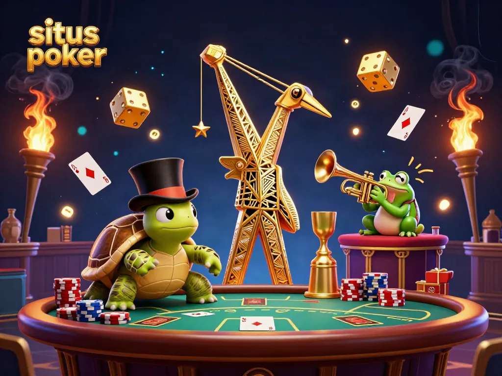Menghadirkan suasana situs poker dengan meja poker, tumpukan chip, dan aksen menarik.