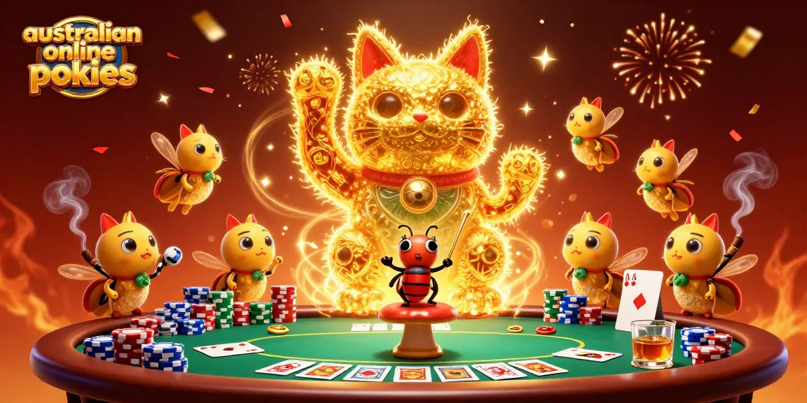 Experience the thrill of playing australian online pokies with a vibrant, dynamic illustration of a lucky cat surrounded by casino elements.