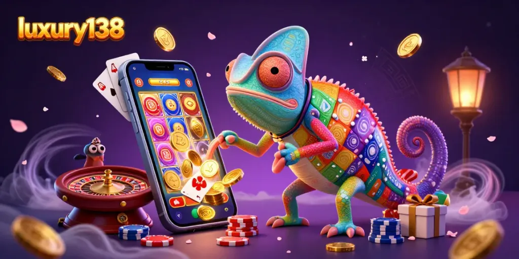 Slot game dan karakter luxury138 mengelilingi meja judi dalam ilustrasi kasino digital 3D.
