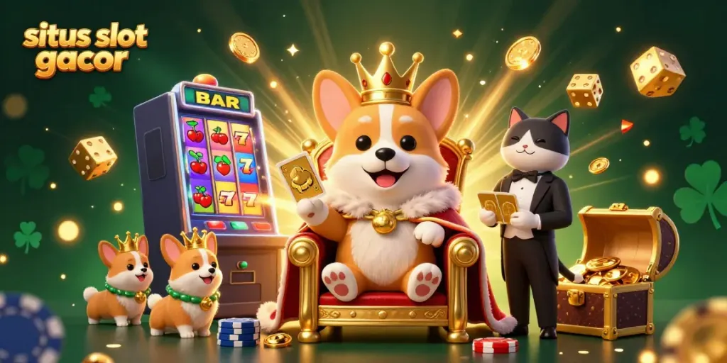 Slot gacor situs yang menampilkan corgi kerajaan bermahkota dan elemen kasino berkilauan.