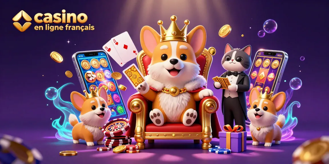 Le royal corgi doré dirige le casino en ligne français dans une scène riche avec cartes et jetons.