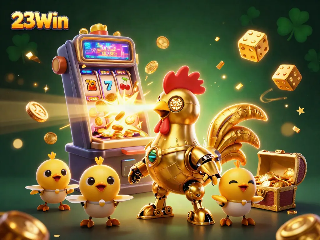 Experience thrilling jackpots with 23Win's dynamic casino-themed 3D illustration featuring iconic gaming elements.