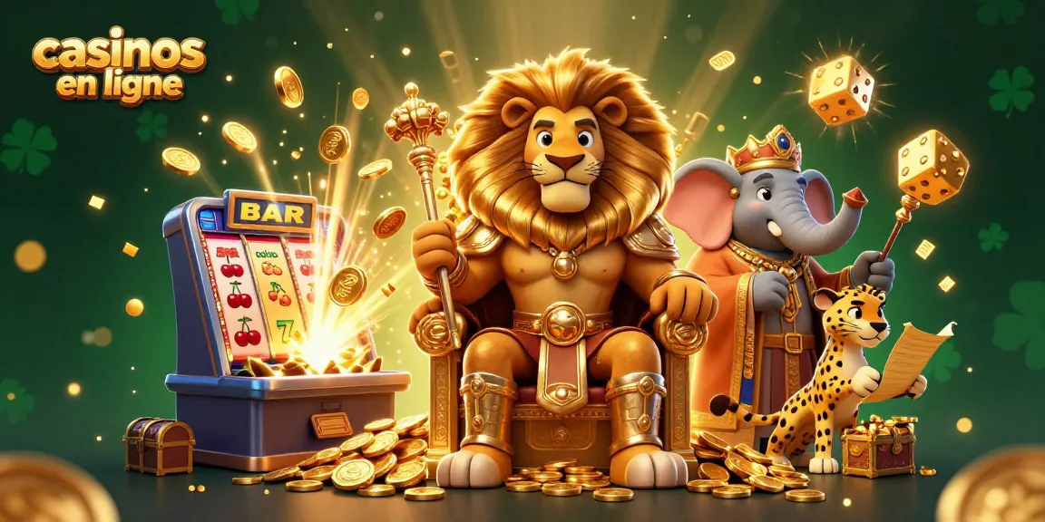 Machiner une victoire dans les casinos en ligne avec une scène ludique et colorée mettant en vedette un lion roi, un éléphant sage et un guépard messager.