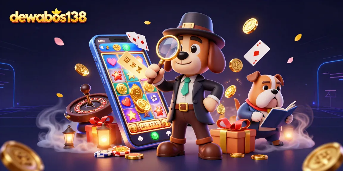 Engage in thrilling gaming adventures at dewabos138 with a detective discovering poker clues among vibrant casino elements.