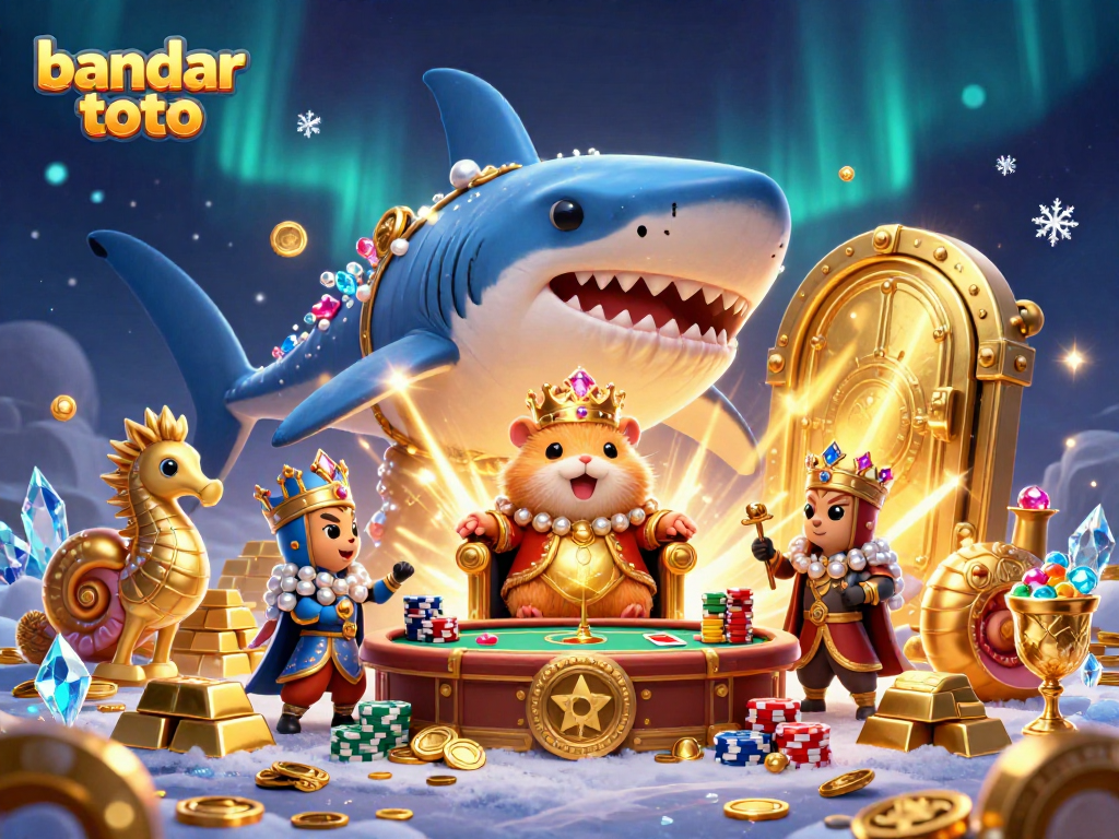 Engage with bandar toto in a vibrant casino scene featuring a golden hamster king and sparkling treasures.