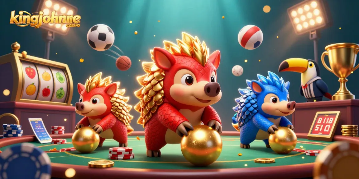 Bowling pangolins roll golden balls at kingjohnnie casino amidst vibrant poker chips